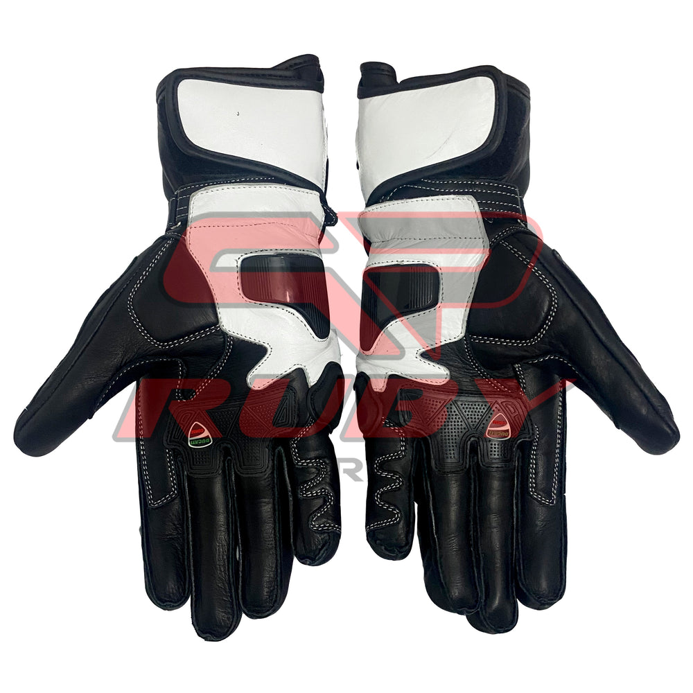 Ducati Corse motorbike gloves shown from the palm side, featuring a black and white design with reinforced stitching, padded palms, and Ducati logos.
