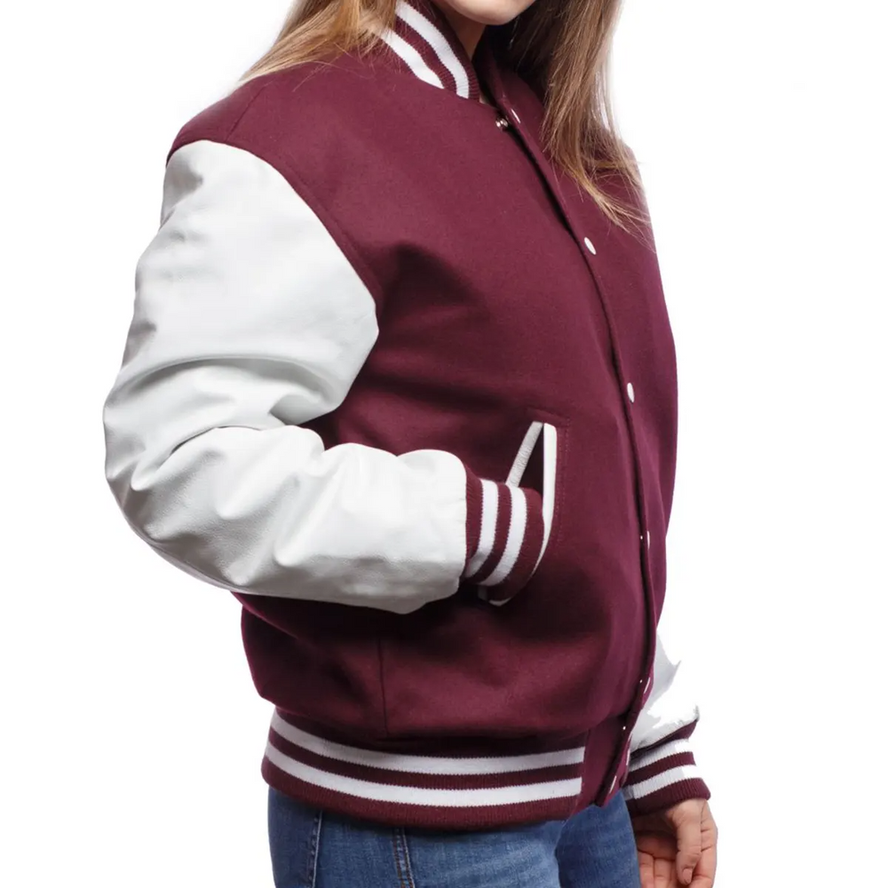 Women Maroon Varsity Jacket Right View