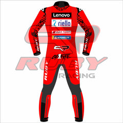 Back View of Francesco Bagnaia's 2024 Lenovo Ducati racing suit for the British GP, showcasing a striking red design with black accents, featuring sponsor logos from Lenovo, NetApp, Monster Energy, and more.