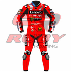 Front View of Francesco Bagnaia's 2024 Lenovo Ducati racing suit for the British GP, showcasing a striking red design with black accents, featuring sponsor logos from Lenovo, NetApp, Monster Energy, and more.