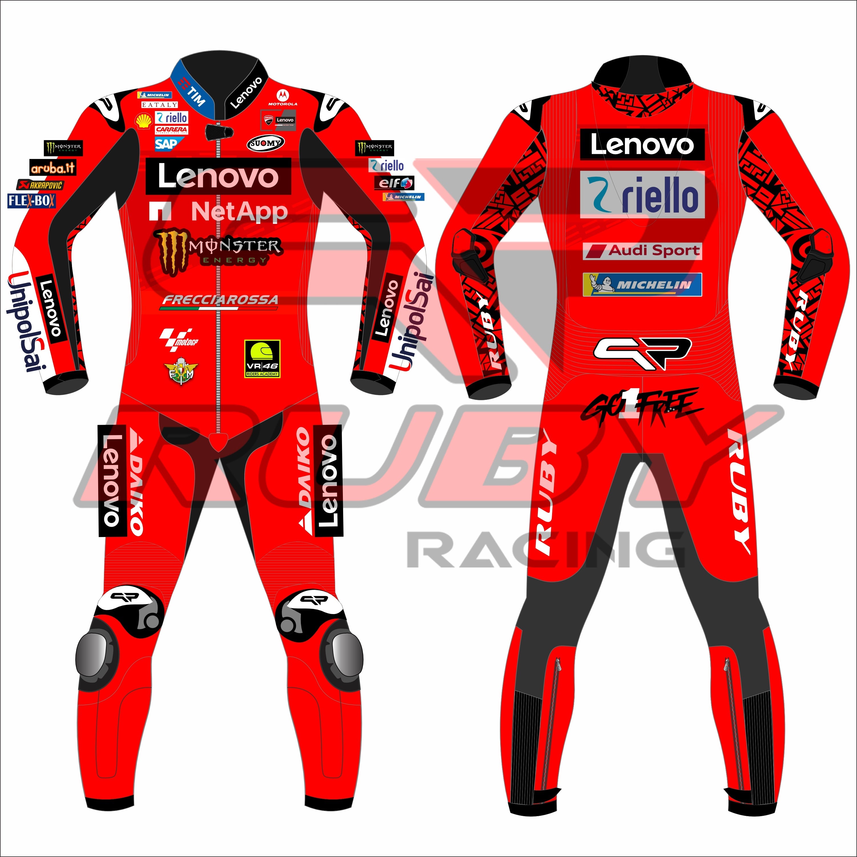 Front and Back View of Francesco Bagnaia's 2024 Lenovo Ducati racing suit for the British GP, showcasing a striking red design with black accents, featuring sponsor logos from Lenovo, NetApp, Monster Energy, and more.