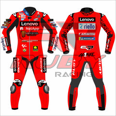 Front and Back View of Francesco Bagnaia's 2024 Lenovo Ducati racing suit for the British GP, showcasing a striking red design with black accents, featuring sponsor logos from Lenovo, NetApp, Monster Energy, and more.