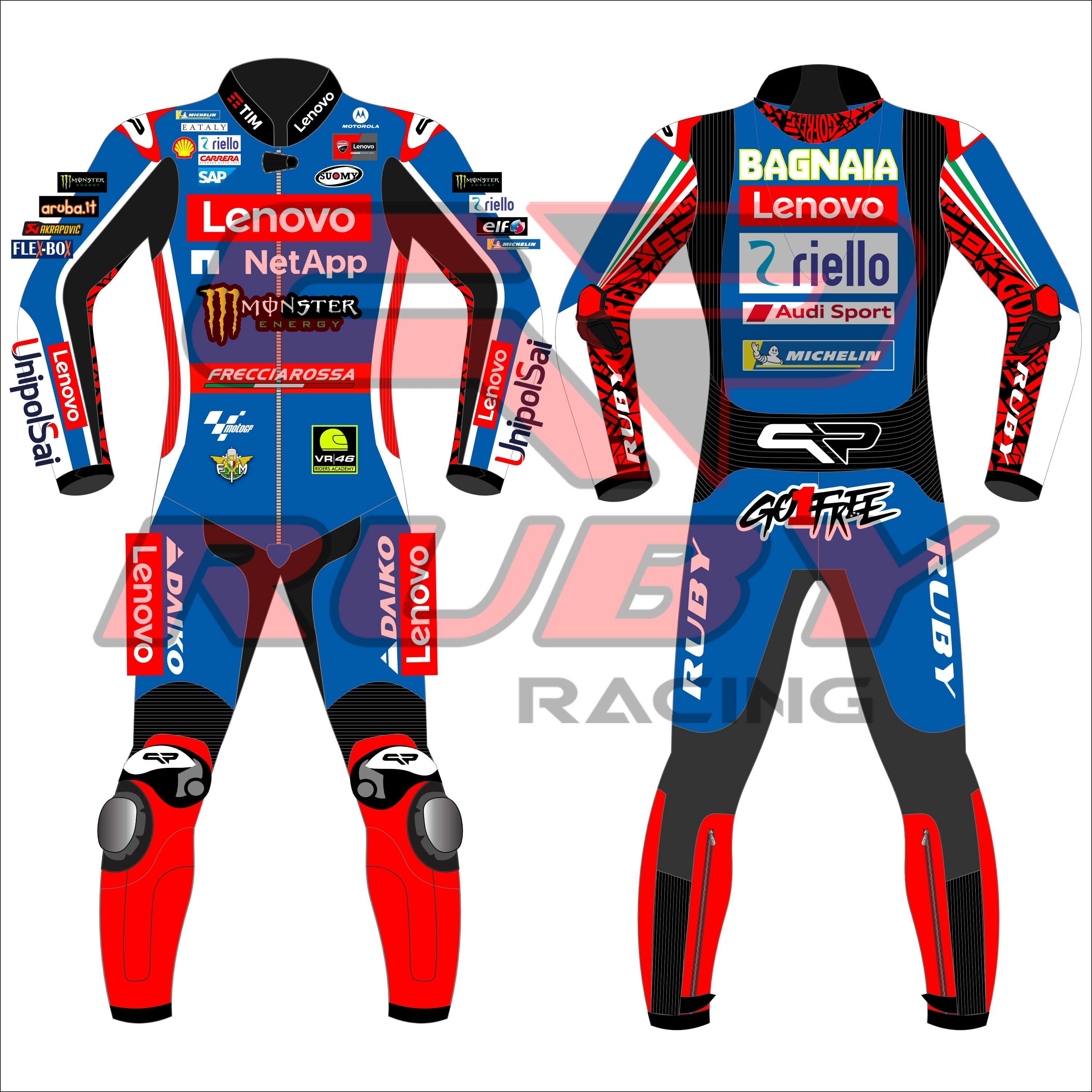 Francesco Bagnaia 2024 MotoGP Racing Suit - Lenovo Ducati Blue Edition, Front & Back View, Professional Biker Gear