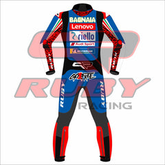 Back View of Francesco Bagnaia 2024 MotoGP Racing Suit - Lenovo Ducati Blue Edition, High-Quality Leather, Custom Sponsor Branding, Designed for Maximum Protection and Performance