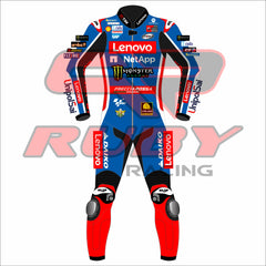 2024 Francesco Bagnaia MotoGP Racing Suit - Lenovo Ducati Blue Edition, Front View, High-Performance Leather with Protective Padding, Authentic Sponsor Logos