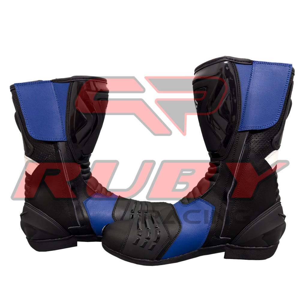 Display pair of GSXR blue and black racing boots offering high-grip soles and CE-approved ankle protection
