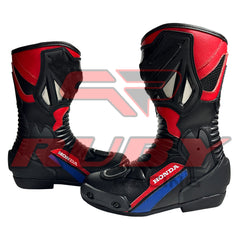 Front angled image of Honda Repsol motorcycle boots showing elegant design, TPU armor protection, and smooth leather finish for refined riders.