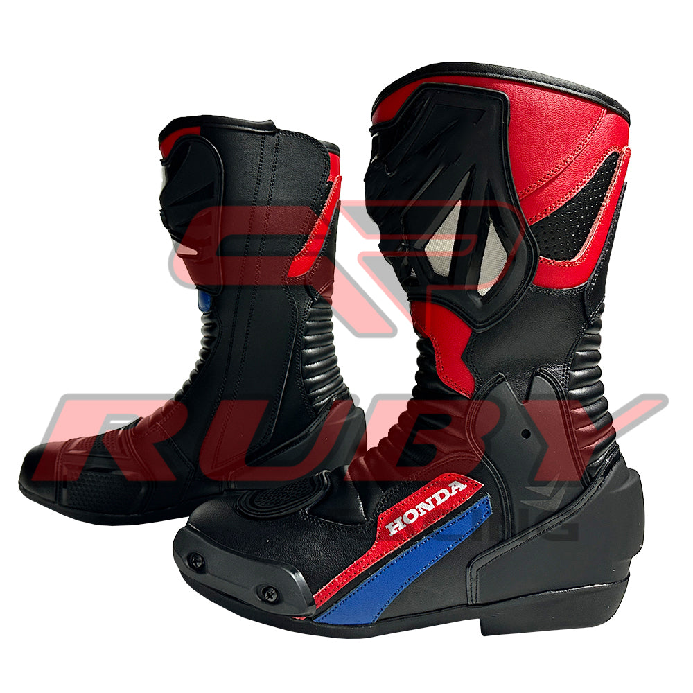 Honda Repsol motorcycle leather boots pair — stylish black and red riding footwear with CE protection and shock-absorbing dual compound soles.