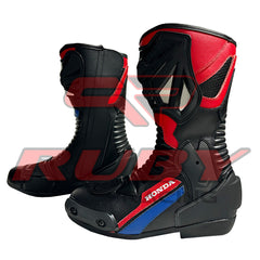 Honda Repsol motorcycle leather boots pair — stylish black and red riding footwear with CE protection and shock-absorbing dual compound soles.