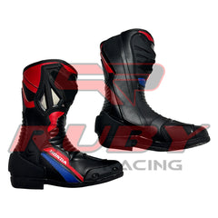 Side view of Honda Repsol black red motorcycle leather boots featuring premium construction, ergonomic fit, and advanced ventilation zones.