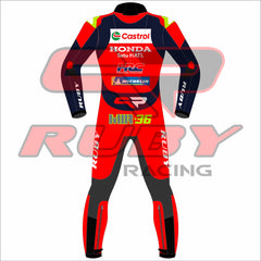 Back side of Joan Mir's 2025 Castrol Honda MotoGP racing suit showing number MIR 36, Honda HRC and Michelin logos, and RUBY Racing graphics along the legs and sleeves. Tailored for elite motorcycle competition with race-grade mobility and protection.