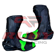 Pair of Kawasaki Ninja motorcycle leather boots — luxurious green-black design with shock-absorbing sole, durable construction, and stylish racing appeal.