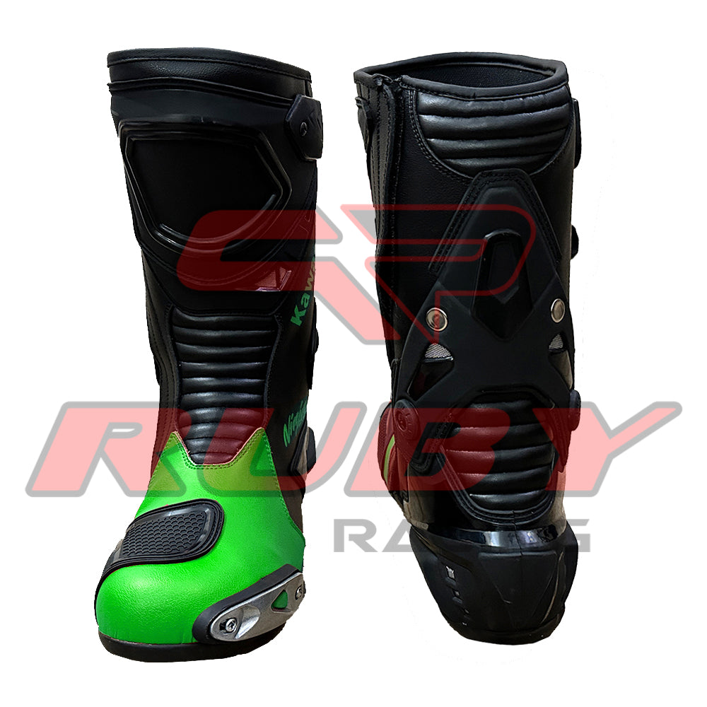 Rear view of Kawasaki Ninja motorcycle racing boots with aerodynamic contours, flexible heel design, and long-lasting comfort for riders.