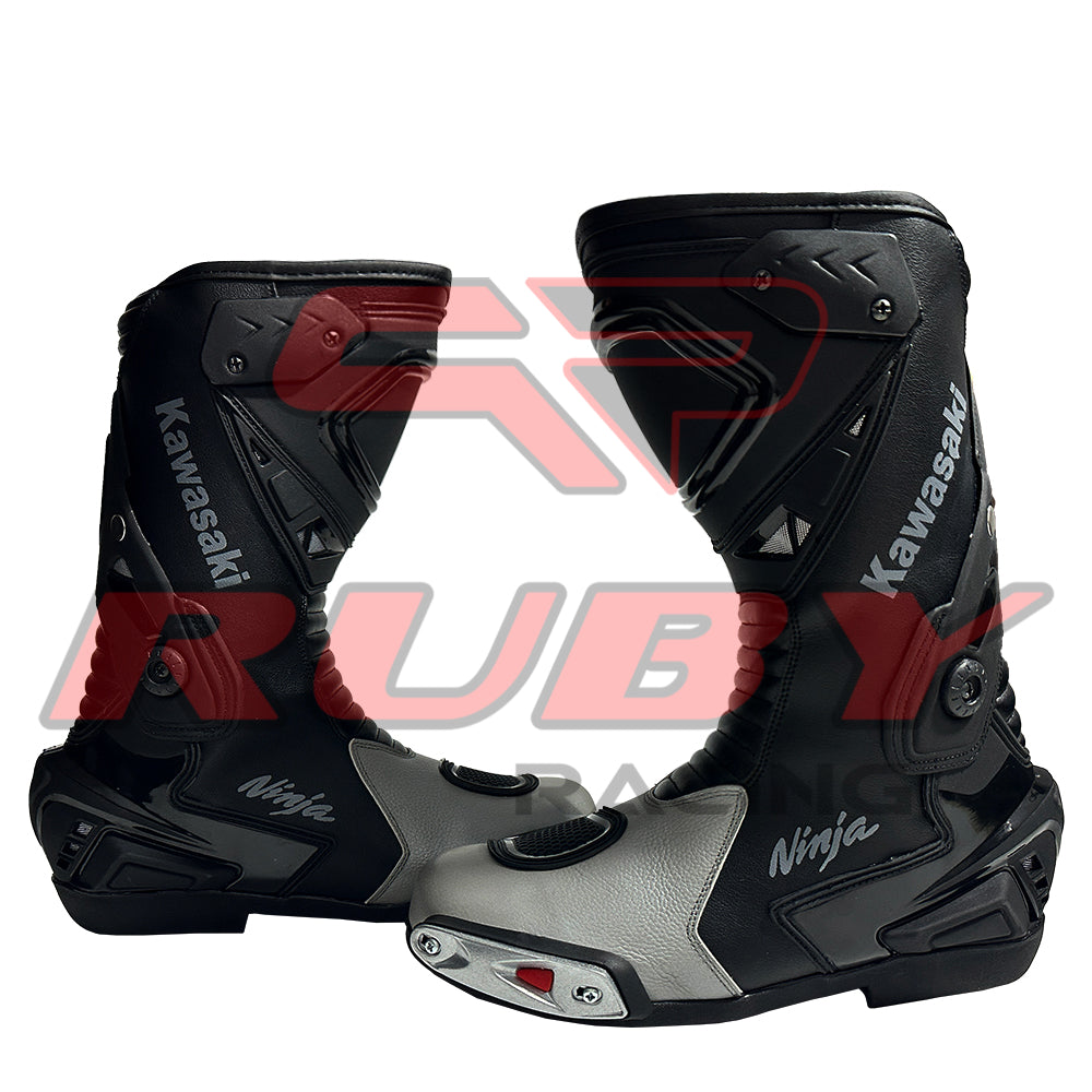 Closeup of Kawasaki Ninja Men Motorcycle Leather Boots highlighting reinforced sole and ventilation details.
