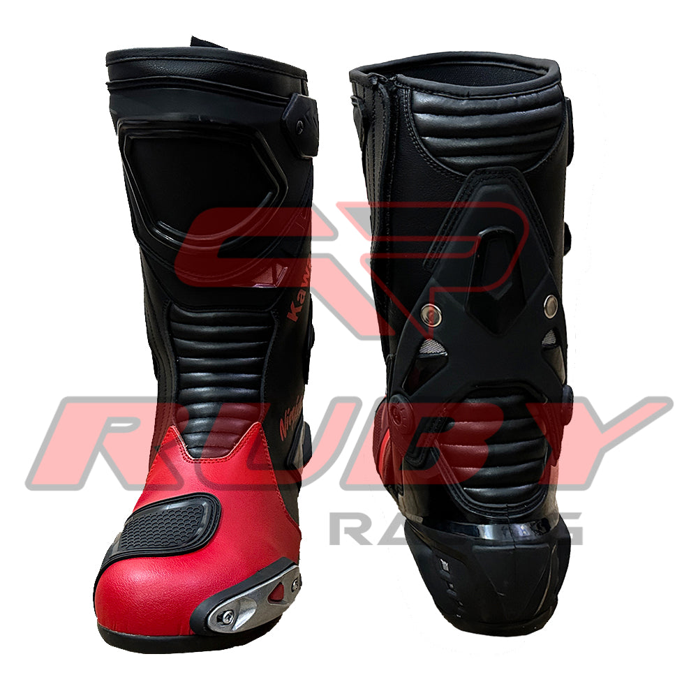 Pair of Kawasaki Ninja motorcycle leather boots — stylish red-black racing design with CE-certified safety, advanced traction, and touring comfort.