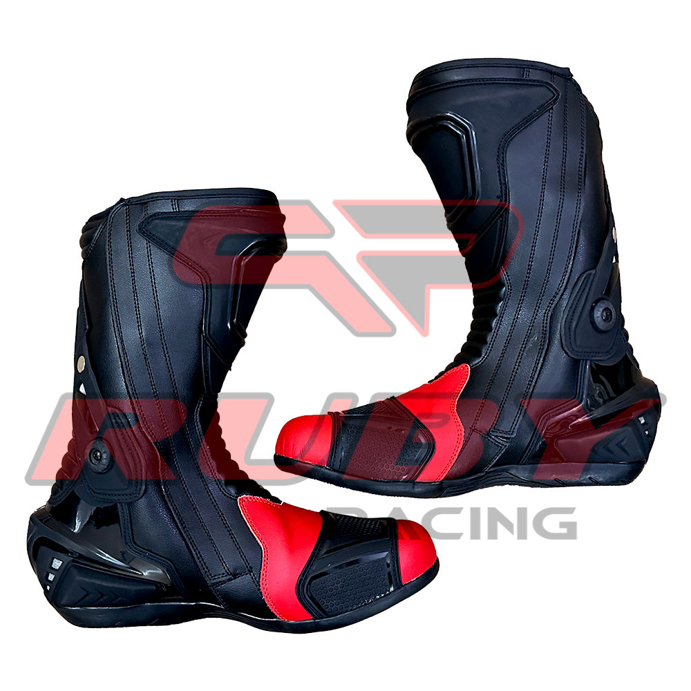 Rear view of Kawasaki Ninja red black motorcycle boots showcasing aerodynamic structure, ankle flexibility, and smooth leather texture for riders.