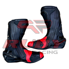 Rear view of Kawasaki Ninja red black motorcycle boots showcasing aerodynamic structure, ankle flexibility, and smooth leather texture for riders.