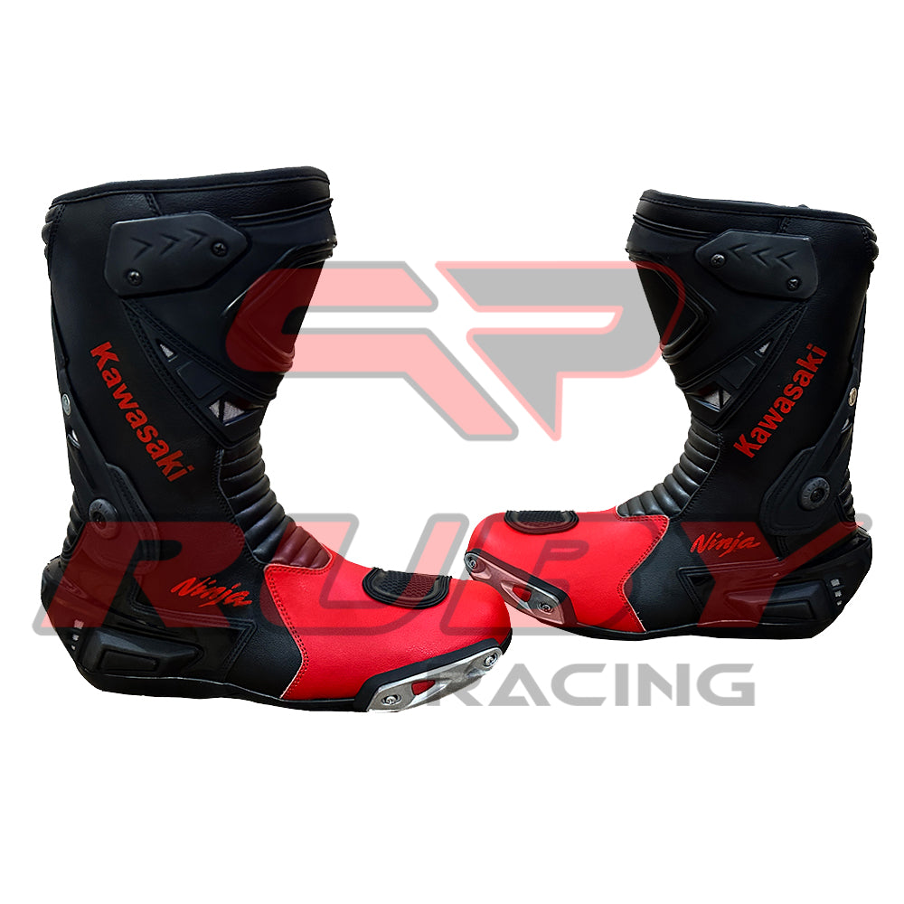 Pair of Kawasaki Ninja motorcycle leather boots — stylish red-black racing design with CE-certified safety, advanced traction, and touring comfort.