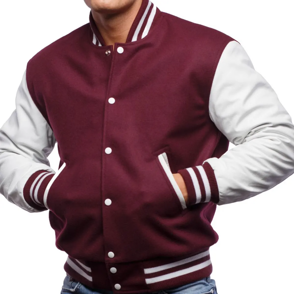 Mens Maroon White Varsity Jacket Front View