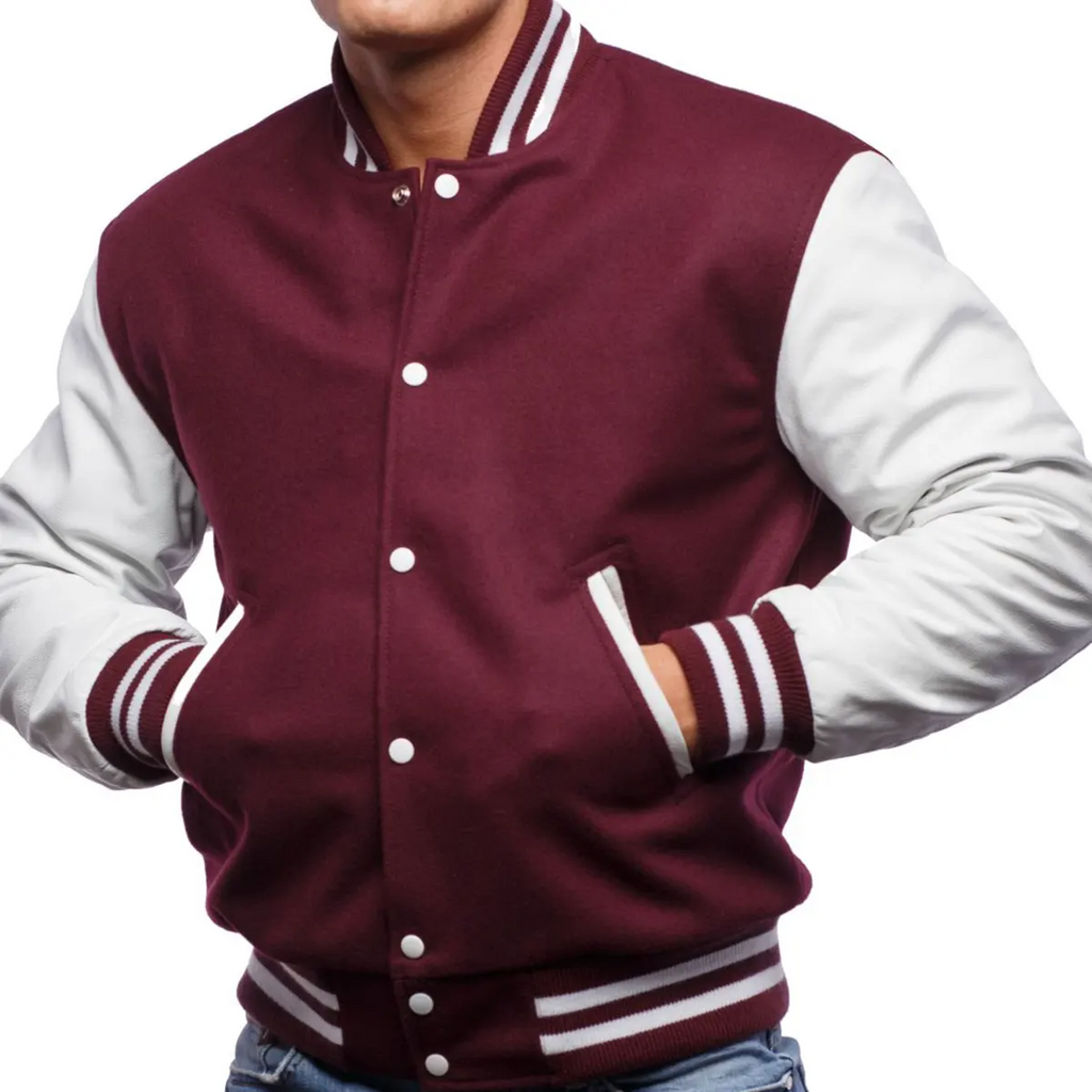Varsity Jacket Baseball Letterman Bomber School Collage Maroon Wool and  Genuine Green Leather Sleeves at  Men’s Clothing store