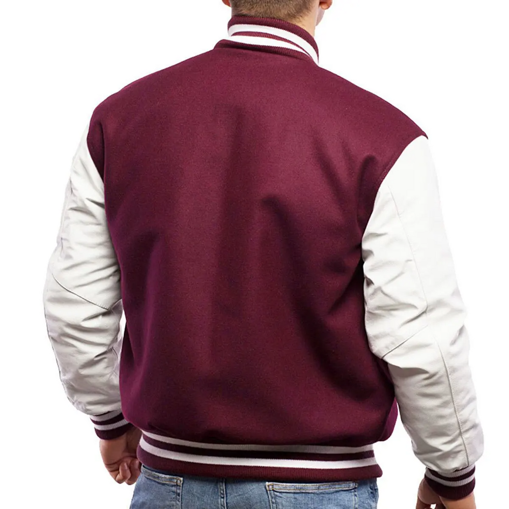 Mens Maroon White Varsity Jacket Back View-2