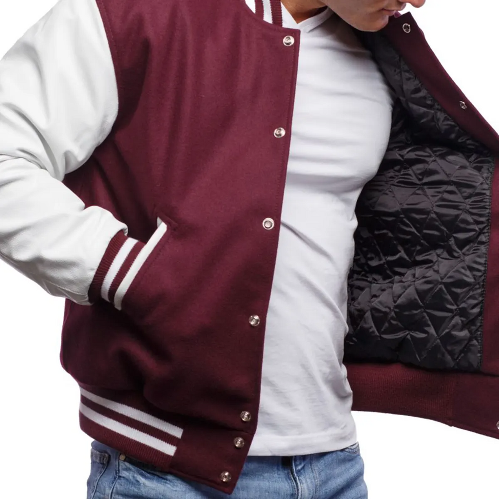 Varsity Jacket Baseball Letterman Bomber School Collage Maroon Wool and  Genuine Green Leather Sleeves at  Men’s Clothing store