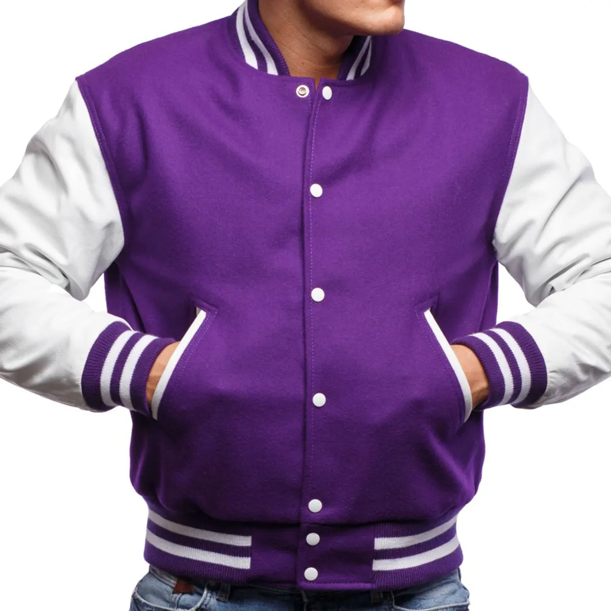 Mens Purple White Varsity Jacket Front View