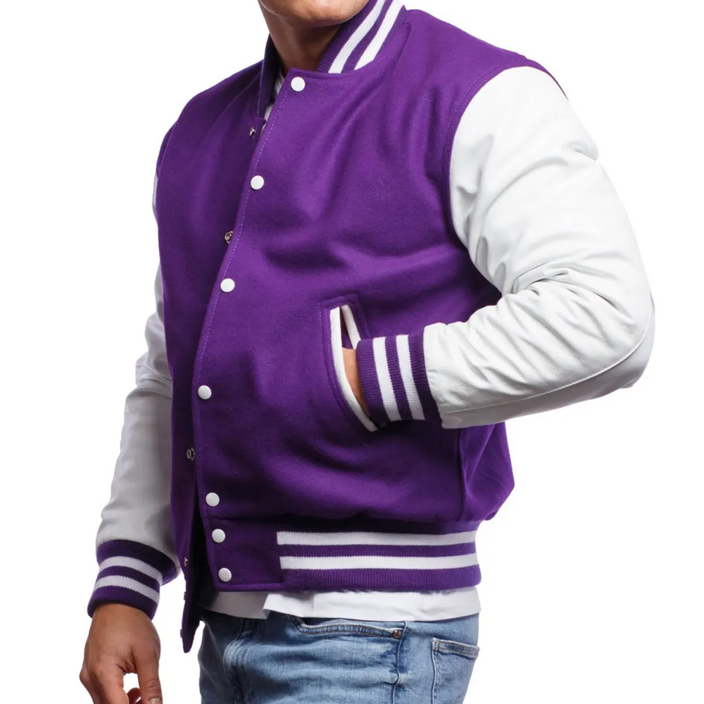 Mens Purple White Varsity Jacket Left View