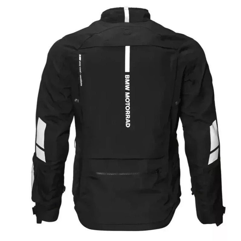 mens rallye gtx motorcycle jacket black back view with bmw motorrad logo and reflective stripe