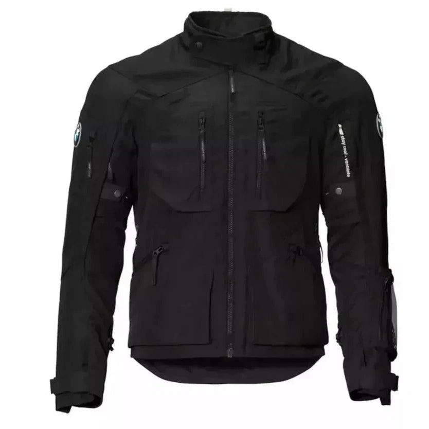 mens rallye gtx motorcycle touring jacket black front view with waterproof adventure design