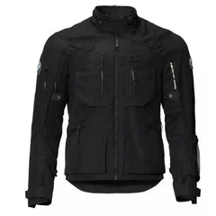 mens rallye gtx motorcycle touring jacket black front view with waterproof adventure design
