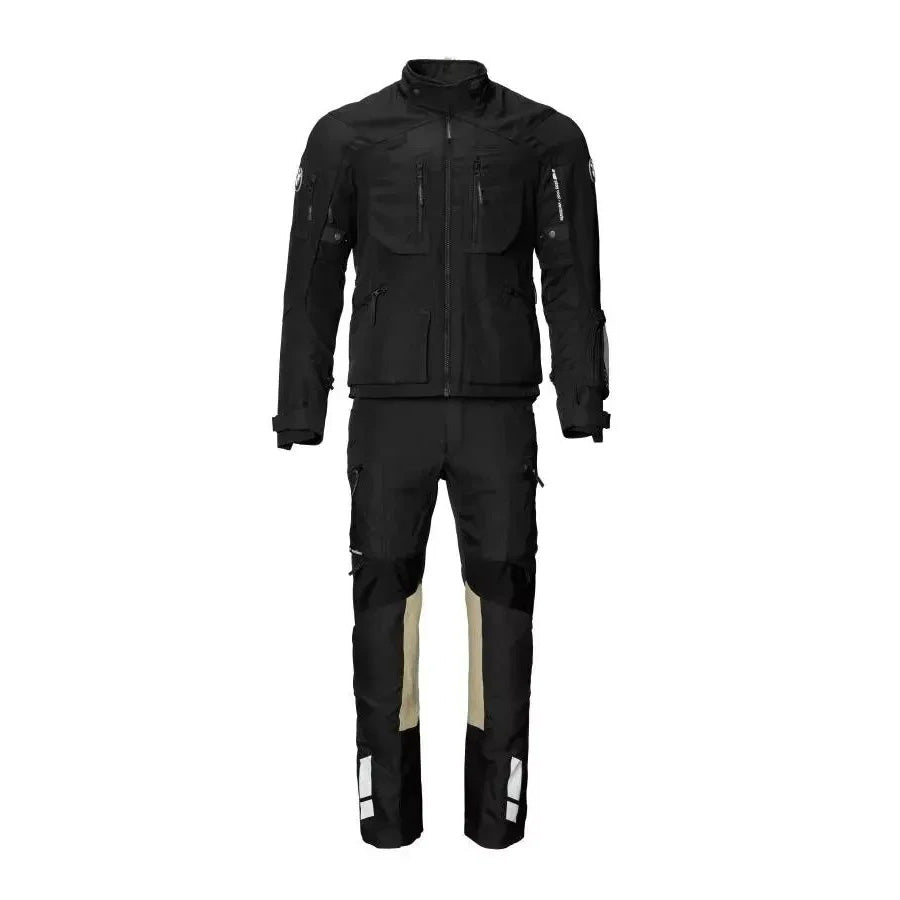 mens rallye gtx motorcycle suit black front view with adventure touring jacket and riding pants