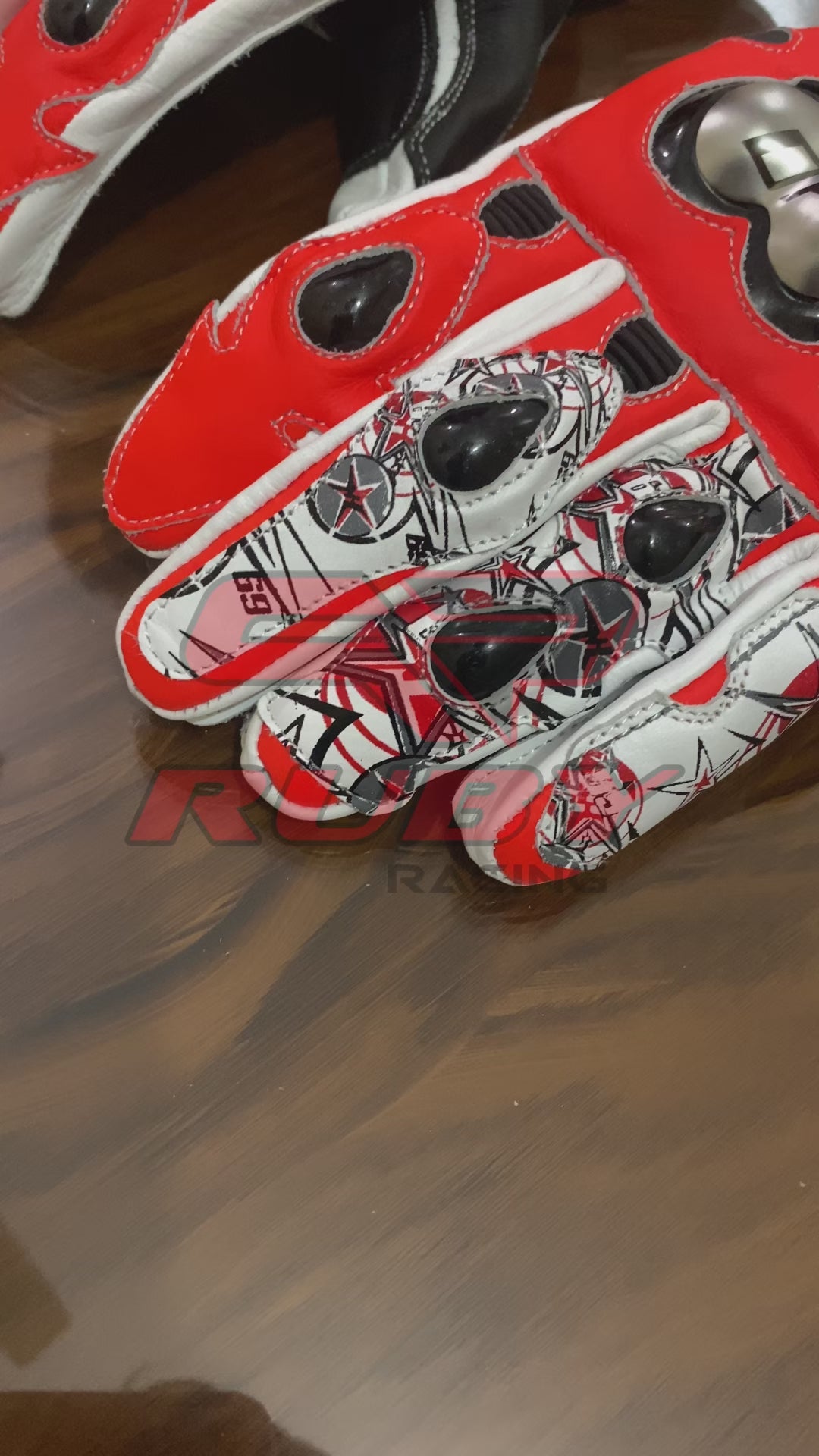 Nicky Hayden MotoGP motorcycle racing gloves in red, black, and white leather, highlighting key features like reinforced knuckle protection, ergonomic design, and secure wrist straps, ideal for high-performance racing.