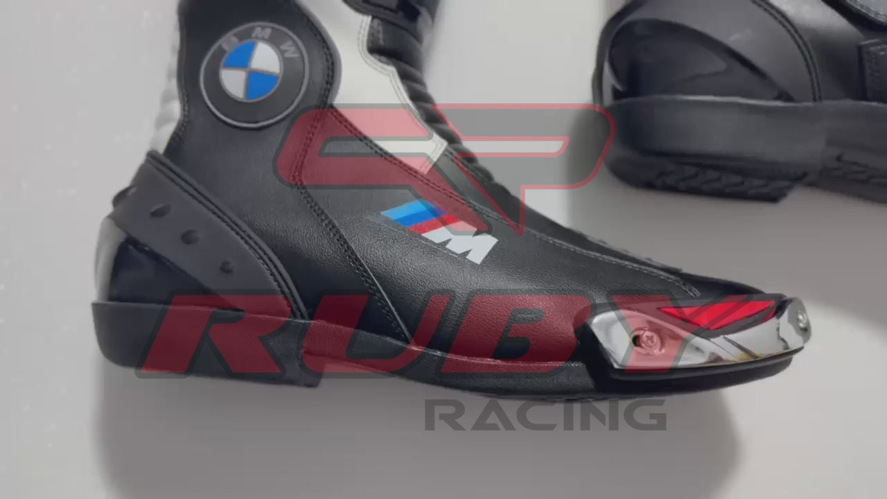 BMW Motorrad Black Blue Motorbike Leather Boots — full-grain leather, TPU armor, and anti-slip racing sole for ultimate protection and riding comfort.