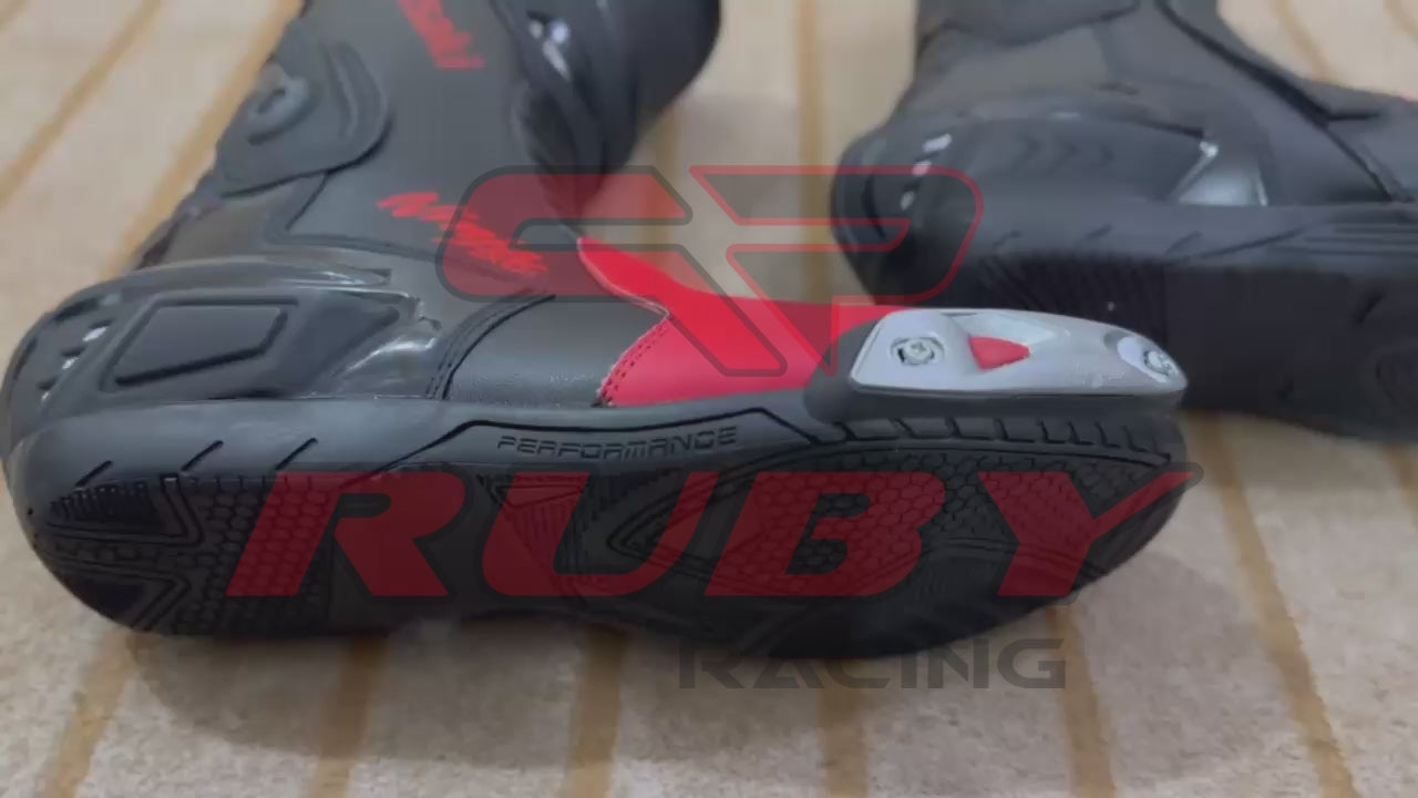 Pair of Kawasaki Ninja motorcycle leather boots — stylish red-black racing design with CE-certified safety, advanced traction, and touring comfort.