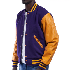 Mens Purple Orange Varsity Jacket Front view