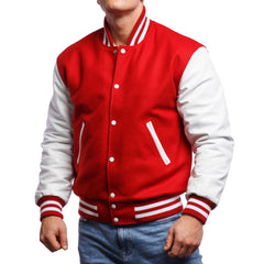 Mens Varsity Red White Jacket Front Closed View