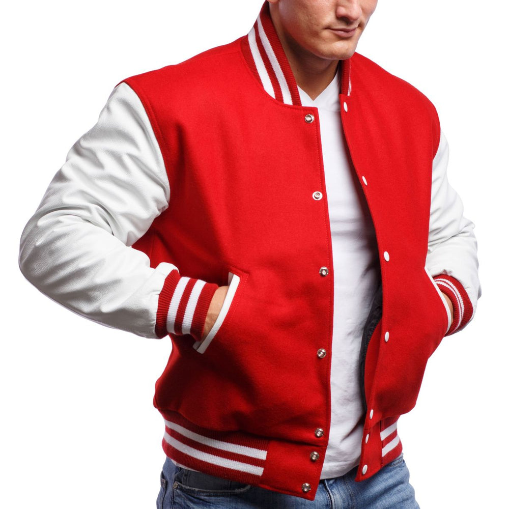 Mens Varsity Red White Jacket Front Open View