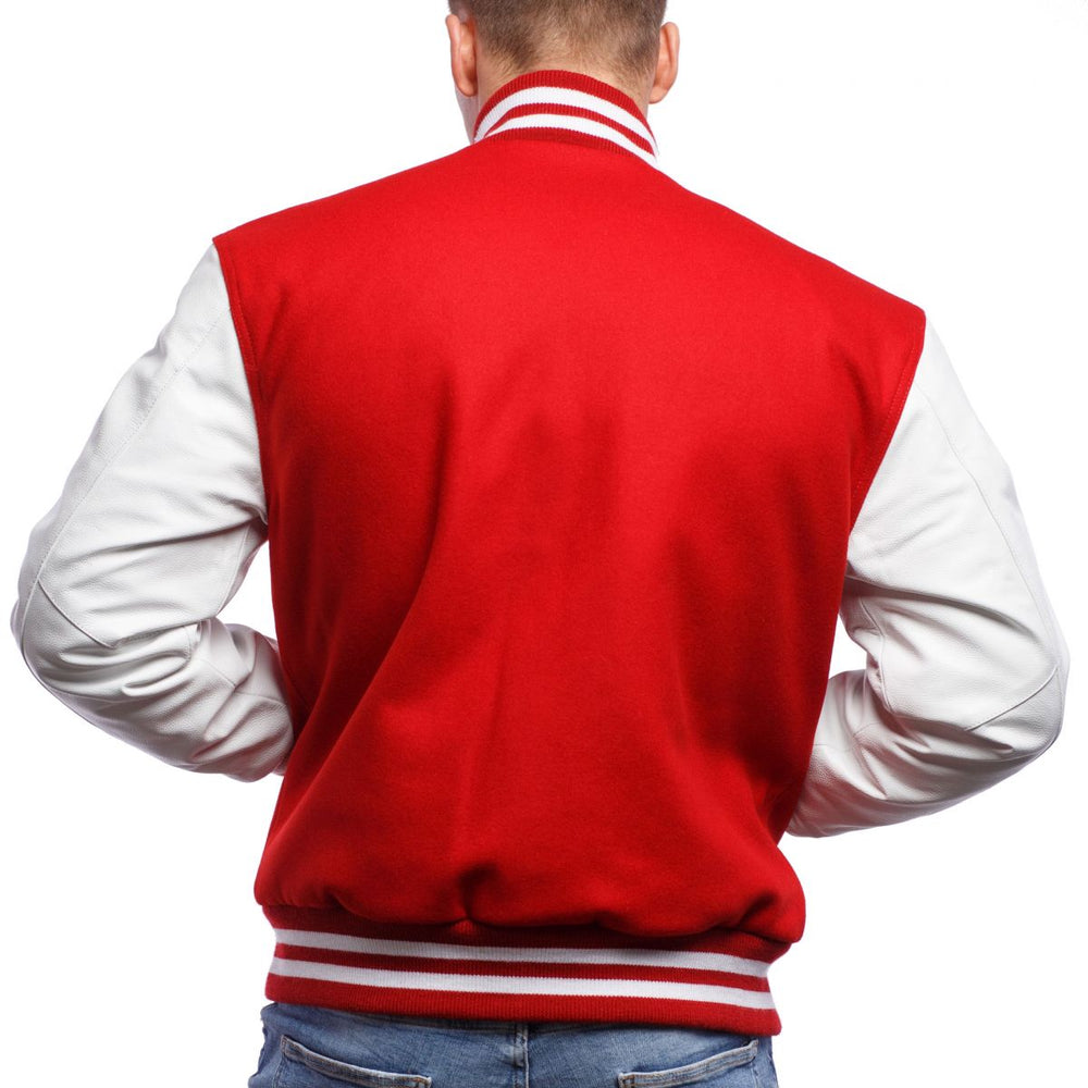 Mens Varsity Red White Jacket Back View