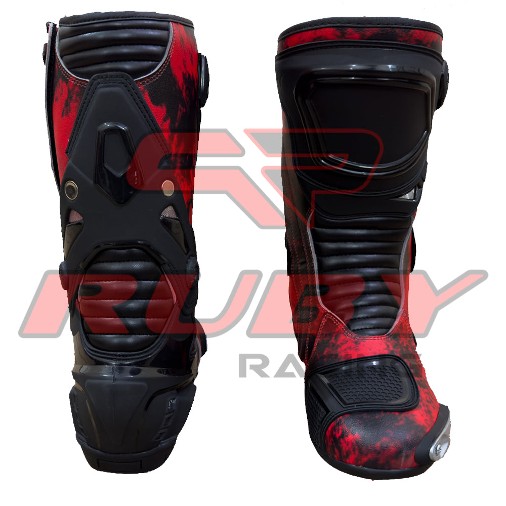 Rear close-up of Ruby Racing Ducati 93 motorcycle boots showing heel guard and flexible accordion panels.