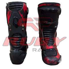 Rear close-up of Ruby Racing Ducati 93 motorcycle boots showing heel guard and flexible accordion panels.
