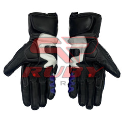 A pair of Suzuki GSXR motorcycle racing gloves shown from the front, displaying the black and white leather design with reinforced padding along the fingers and palms. The gloves feature secure wrist cuffs for a snug fit and detailed stitching for durability. The Suzuki logo is subtly incorporated into the palm area, emphasizing the gloves' premium build and focus on safety for riders.