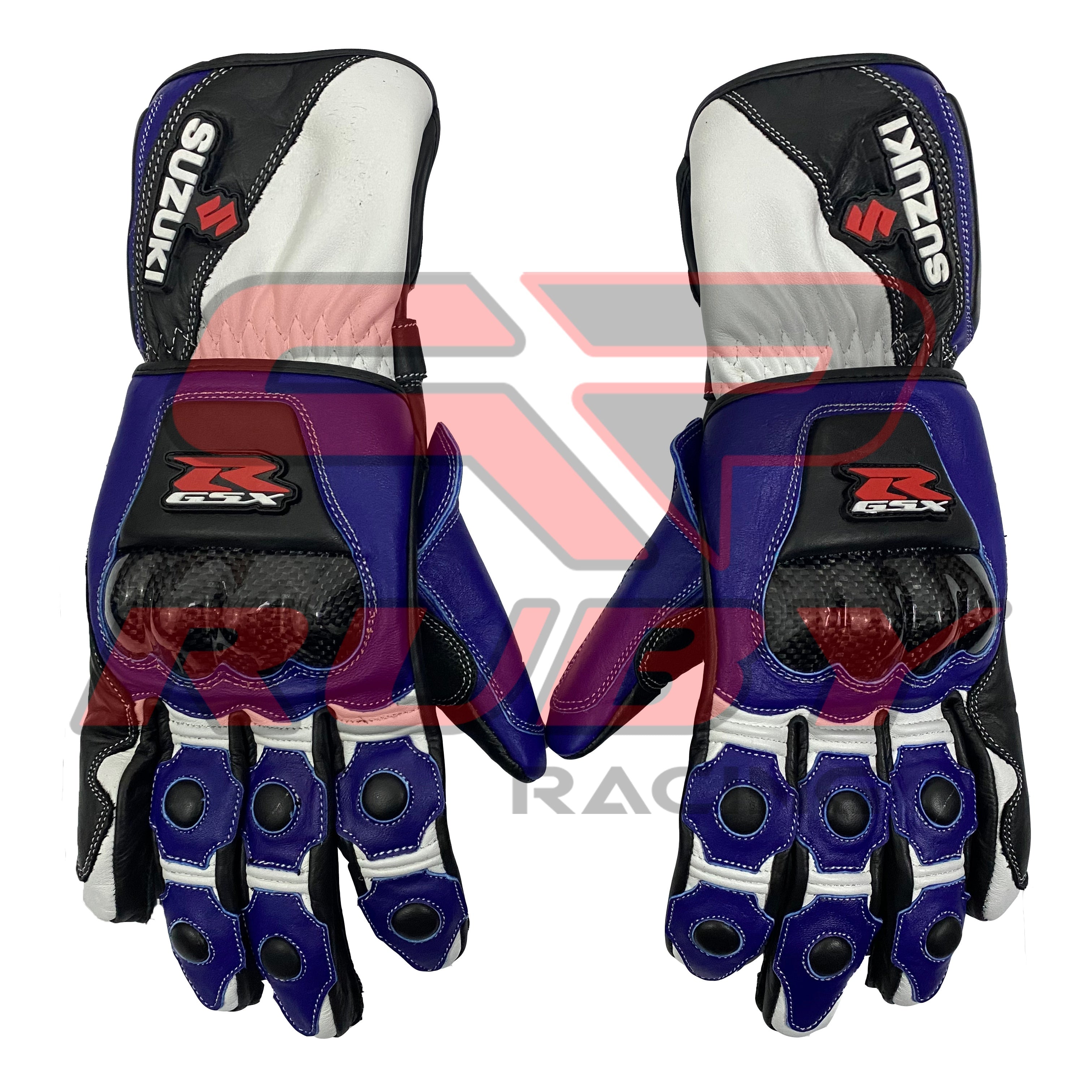 Close-up image of Suzuki GSX-R motorbike racing gloves in blue and black. The gloves feature prominent Suzuki branding, with protective knuckle armor and detailed stitching. Designed for high performance, these gloves combine durability and style for motorcycle enthusiasts.