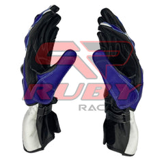 Black and blue Suzuki GSX-R racing gloves with reinforced knuckle protection, carbon fiber details, and secure wrist straps. Designed for motorbike riders, these gloves feature ergonomic pre-curved fingers and durable stitching for enhanced grip and protection.