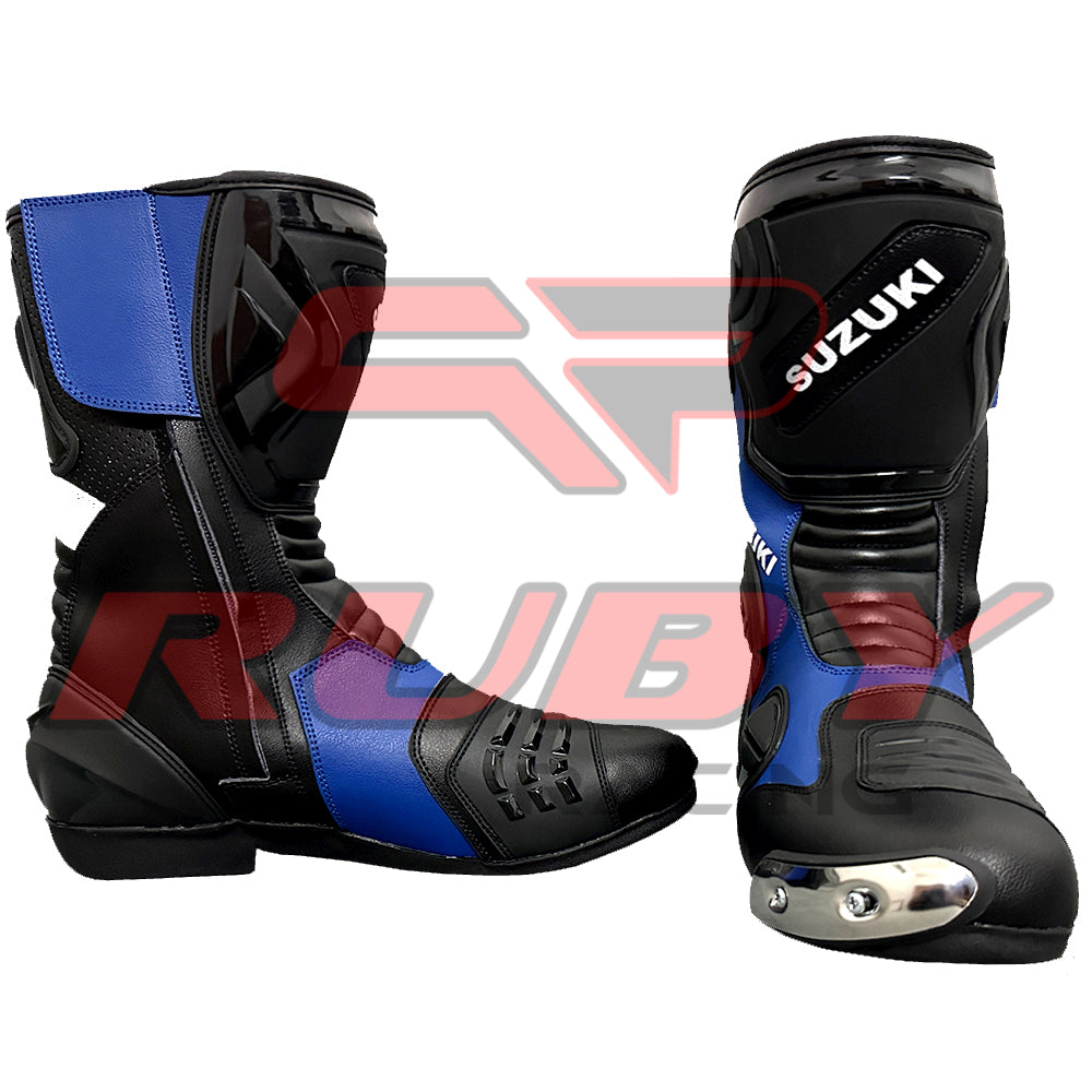Front-angle view of Suzuki GSXR blue-black motorcycle boots engineered for speed and precision control.