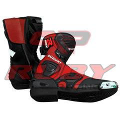 Side view of Suzuki red black GSXR racing boots featuring abrasion-resistant panels and reinforced toe protection for maximum rider safety.