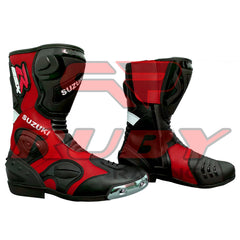 Suzuki GSXR red and black leather motorcycle boots designed for professional racing with advanced ventilation and protective TPU armor.