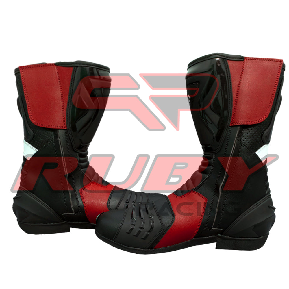 Pair of Suzuki leather motorbike boots in red and black crafted for sport riders seeking comfort, protection, and control on every ride.