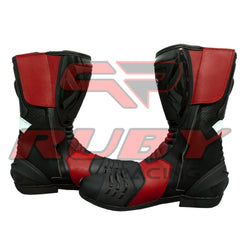 Pair of Suzuki leather motorbike boots in red and black crafted for sport riders seeking comfort, protection, and control on every ride.
