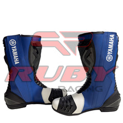Yamaha Blue and white sport motorcycle boots featuring anti-slip sole, durable toe armor, and breathable construction for racing conditions.